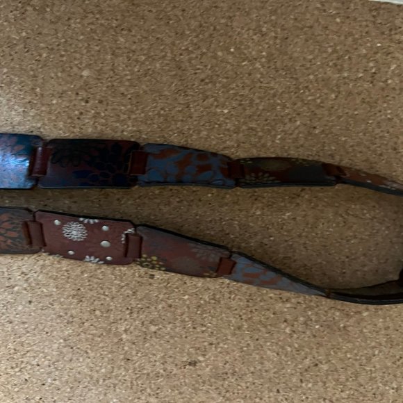 Vintage Leather Floral Stamped and Link Patchwork Style Belt Hippie Boho sz L - Picture 9 of 10